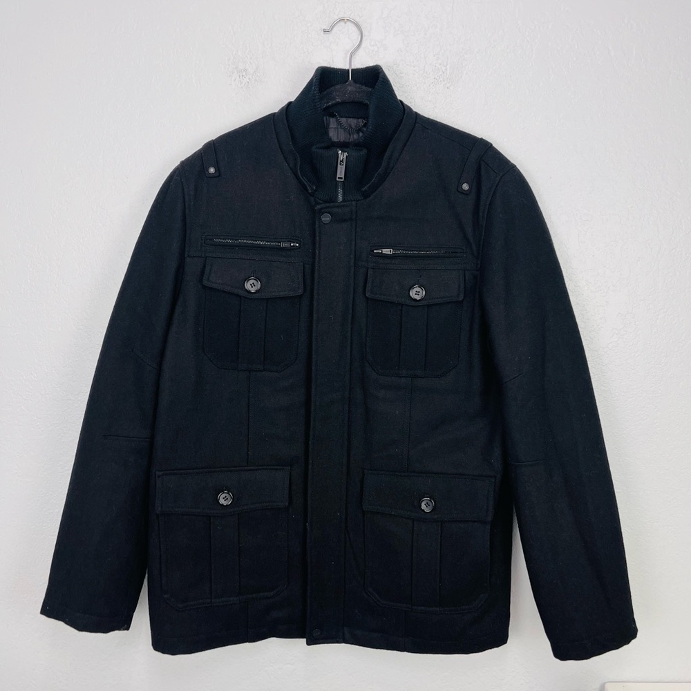 GUESS Mens Coat Military Black Peacoat Jacket Wool Blend
